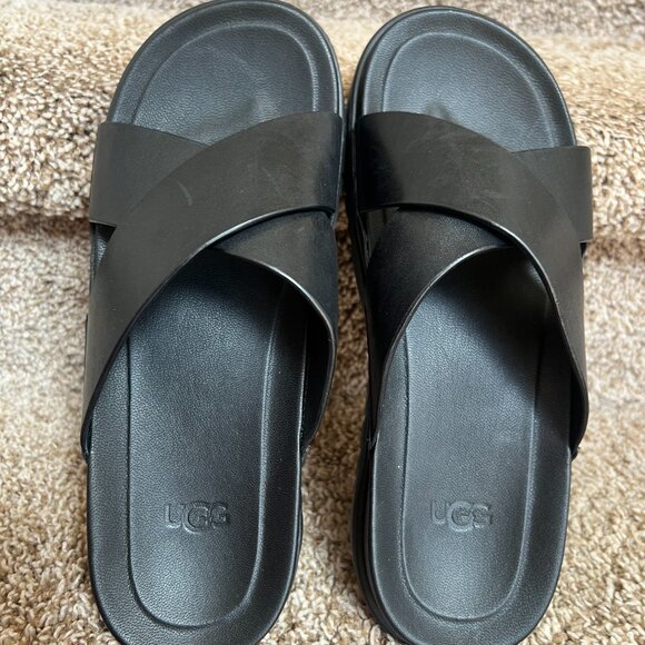 Ugg Men\'s Wainscott Black Leather Slide Sandals.